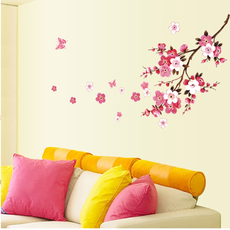 LVIN Pink Cherry Flower Blossom Floral Decal Wall Stickers For