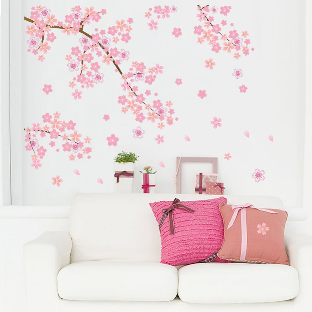 LVIN Pink Cherry Flower Blossom Floral Decal Wall Stickers For