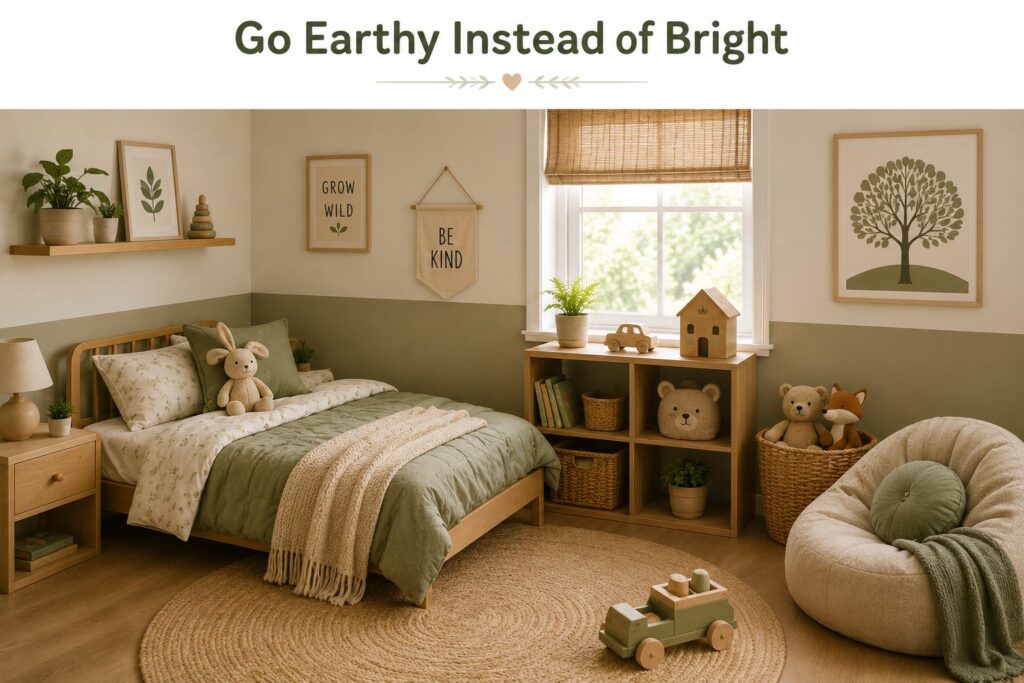 Toddler bedroom decorated in earthy sage green and warm neutral tones